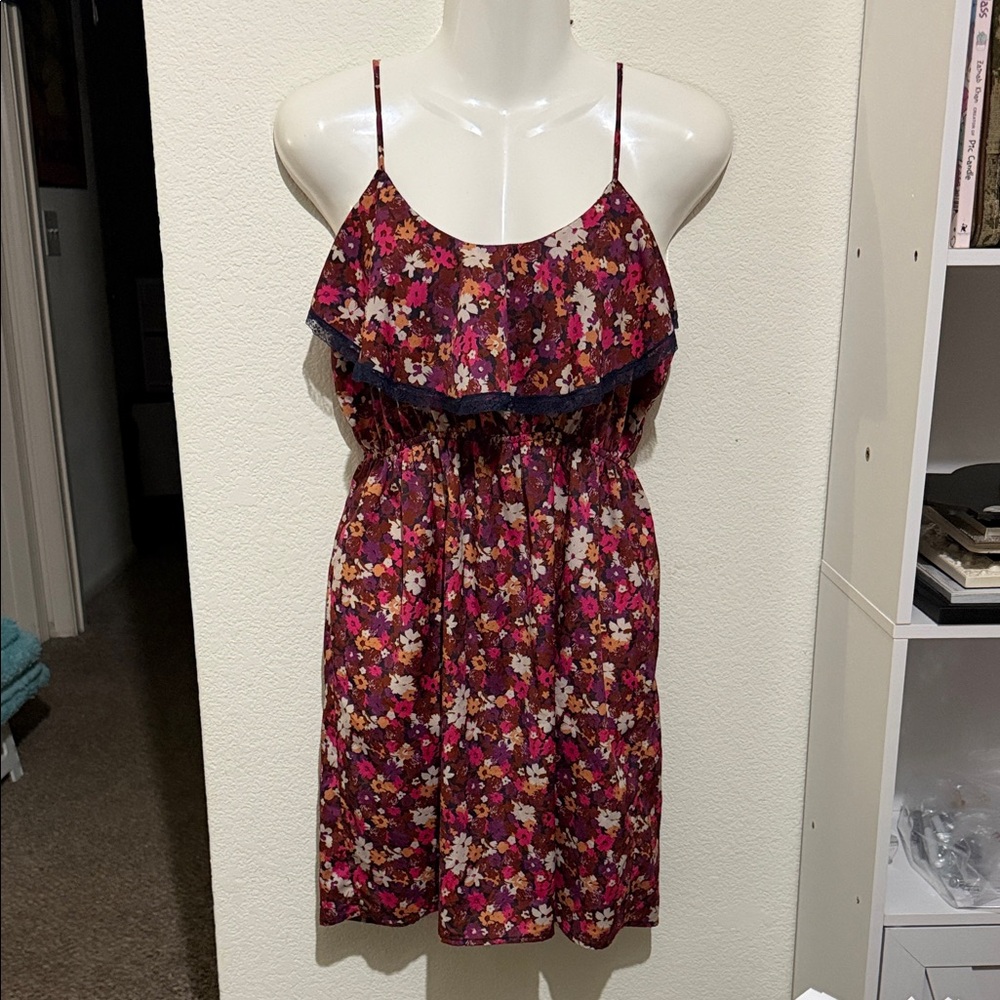 Soprano Burgundy Floral Dress with Spaghetti Straps